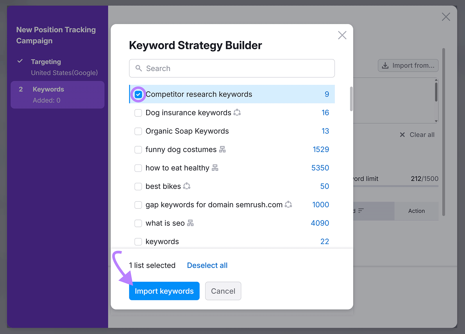 Keyword Strategy Builder popup with a list selected and arrow pointing to "Import keywords" button